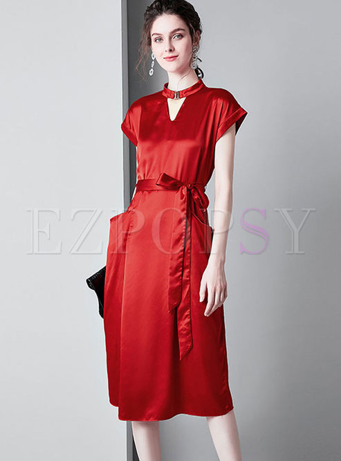 Elegant V-neck Short Sleeve Bowknot Waist Dress