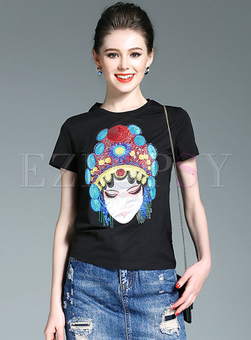 Casual Cotton O-neck Embroidered T-shirt