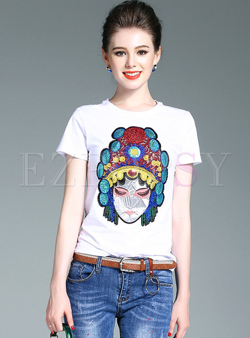Cotton O-neck Embroidered Slim T-shirt