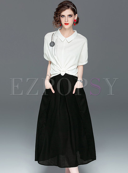 Brief Embroidered Lapel Blouse & Casual Black Slim Skirt