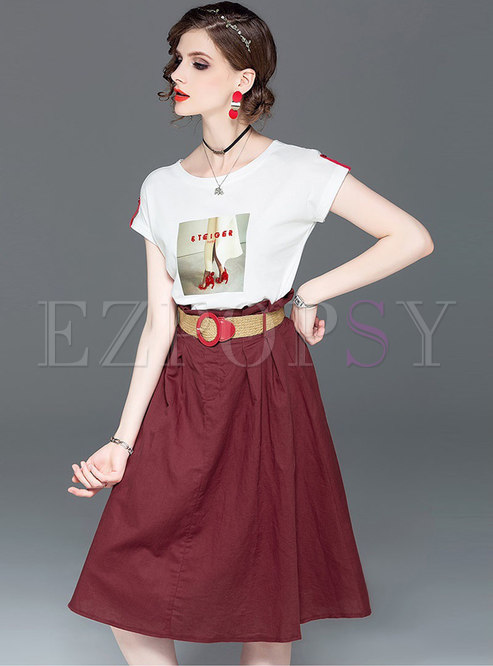 Casual O-neck Print T-shirt & High Waist Belted Skirt