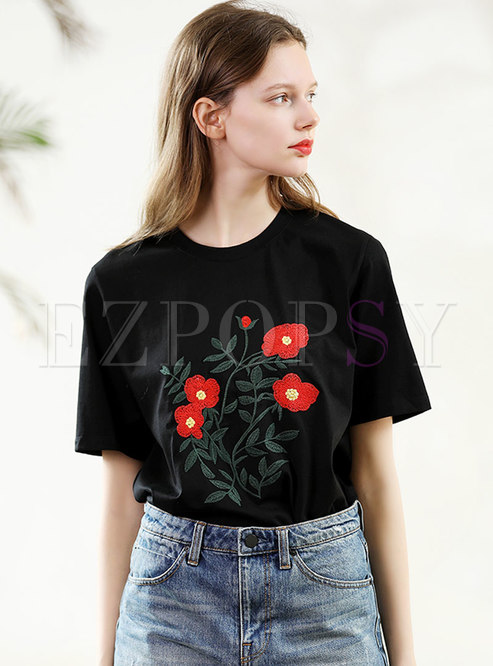 Brief O-neck All-matched Embroidered T-shirt