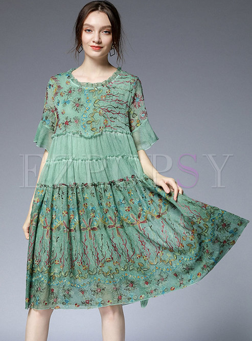 Dresses | Shift Dresses | Chic Embroidered Flare Sleeve Shift Midi Dress