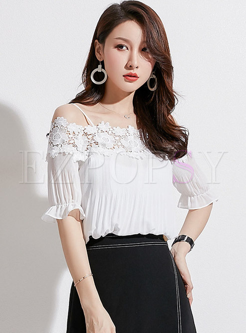 Hollow Out Lace Pure Color Backless Blouse