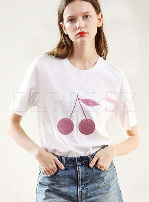 Casual O-neck Embroidered Cotton Pullover T-shirt