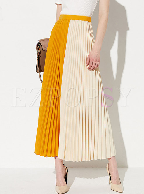 Stylish Color-blocked Splicing Pleated Skirt
