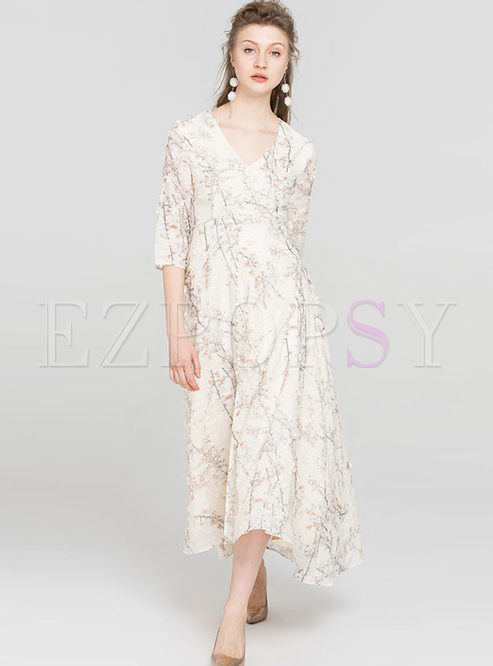 Stylish V-neck Half Sleeve Print Big Hem Maxi Dress
