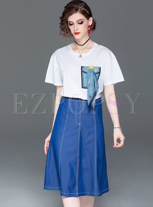Casual O-neck T-shirt & High Waist Slit Skirt