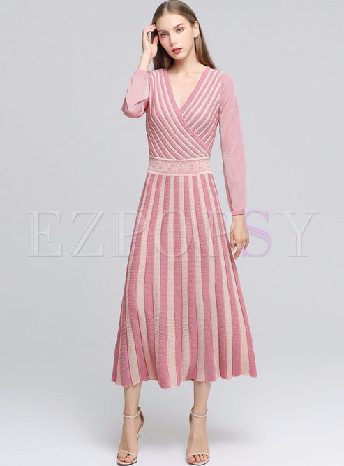 Chic Striped V-neck High Waist Knitted Maxi Dress