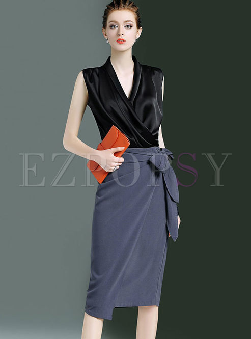 Fashion V-neck Sleeveless Top & Slim Bodycon Skirt