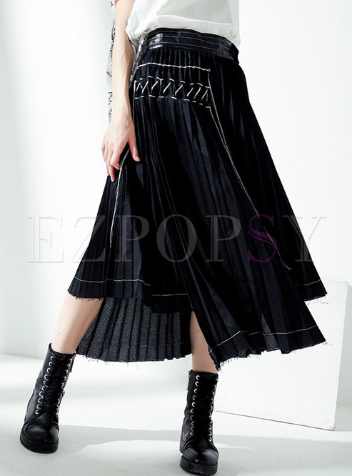Stylish Splicing High Waist Asymmetric Pleated Skirt