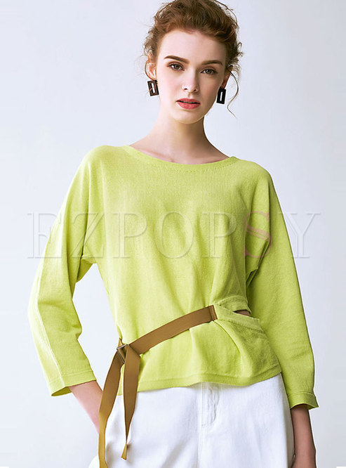 Chic O-neck Belted Hollow Out Knitted Top