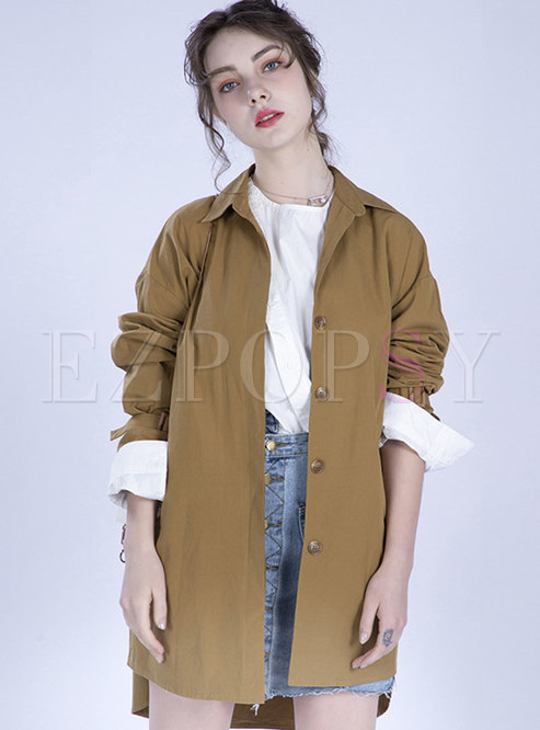 Chic Lapel Gathered Waist Tied Pure Color Trench Coat