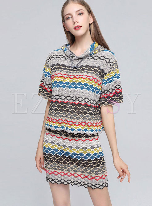 Stylish Hooded Wave Stripe Knitted Two Piece Outfits