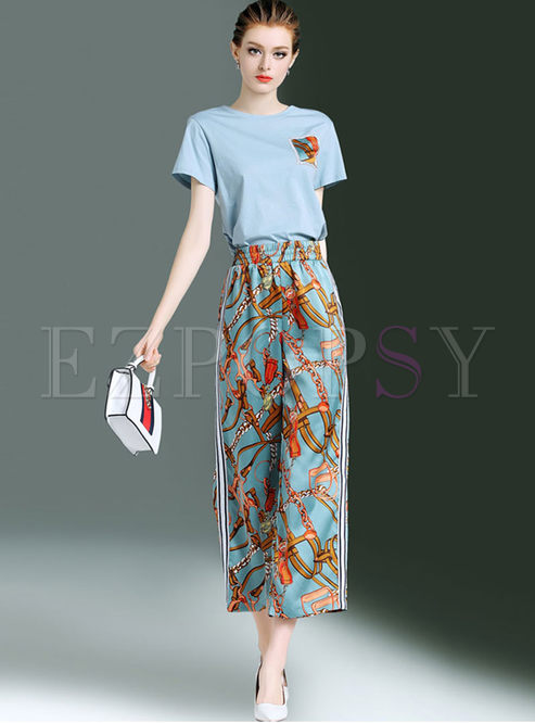 Casual O-neck Print Wide Leg Two Piece Outfits