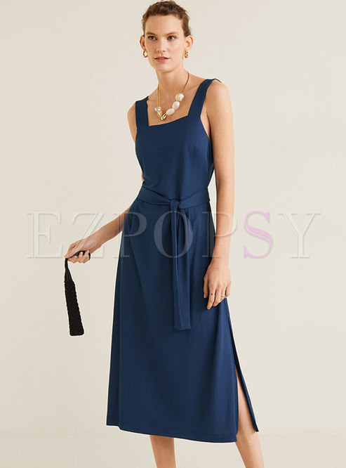 Fashion Blue Tied Split Backless Slip Dress