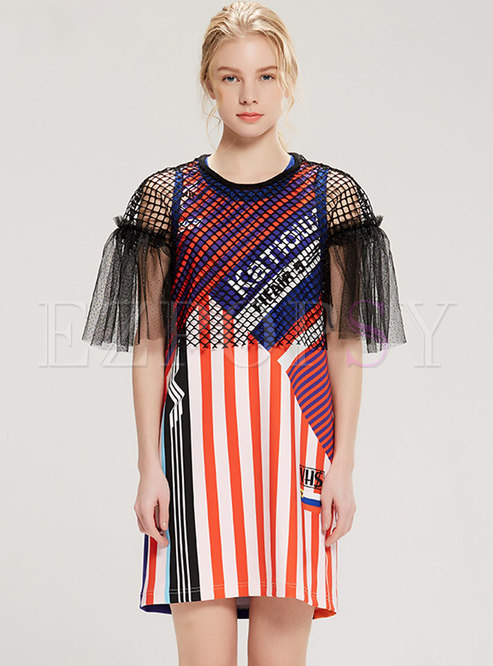 Color-blocked Striped Mesh Splicing T-shirt Dress