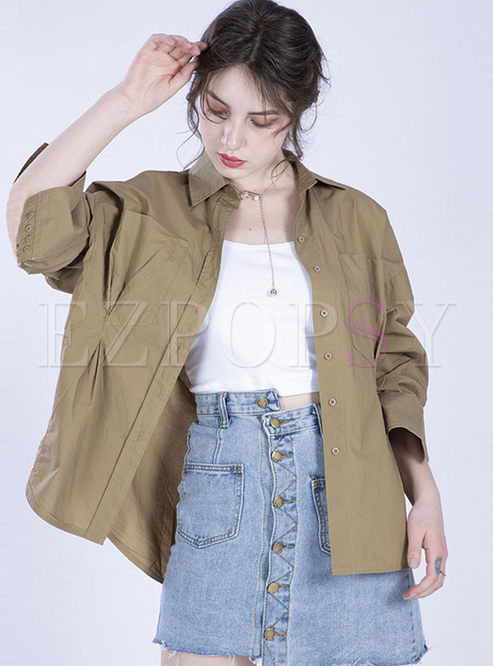 Trendy Solid Color Single-breasted Loose Blouse