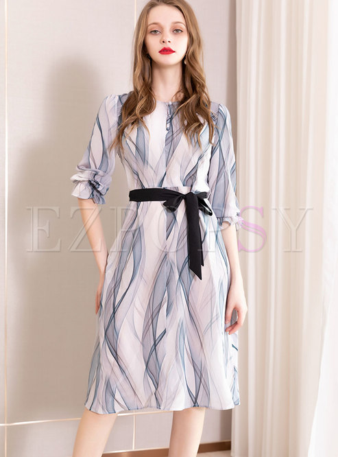 Dresses | Skater Dresses | Elegant Print Flare Sleeve Tie-waist Midi Dress