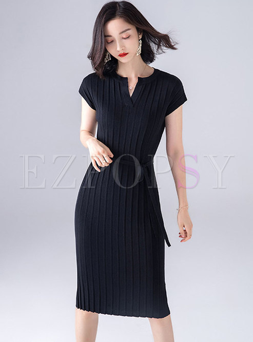 Fashion All-matched V-neck Tied Knitted Dress