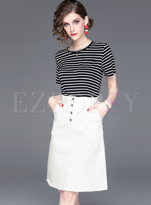 Striped O-neck Top & High Waist Sheath Skirt
