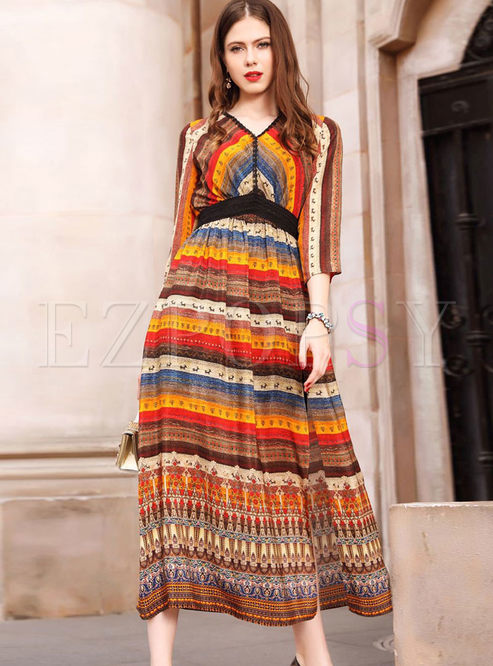 Color-blocked Three Quarters Sleeve Stripe Silk Dress