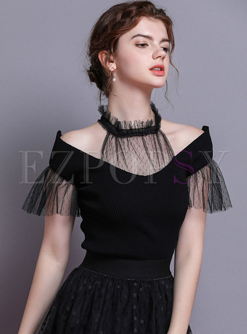 Chic Mesh Collar Off Shoulder Bowknot Knitted T-shirt