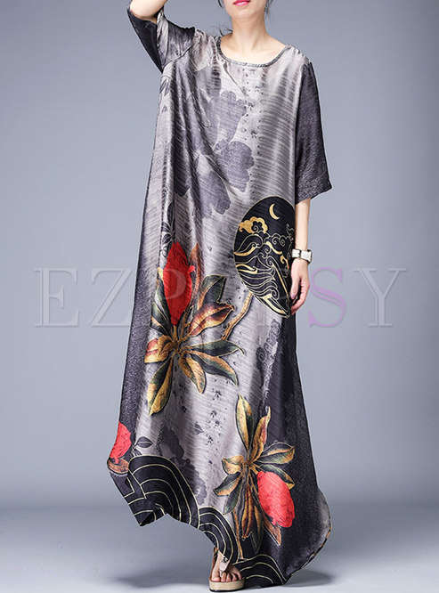 Casual Grey Print Retro Irregular Maxi Dress