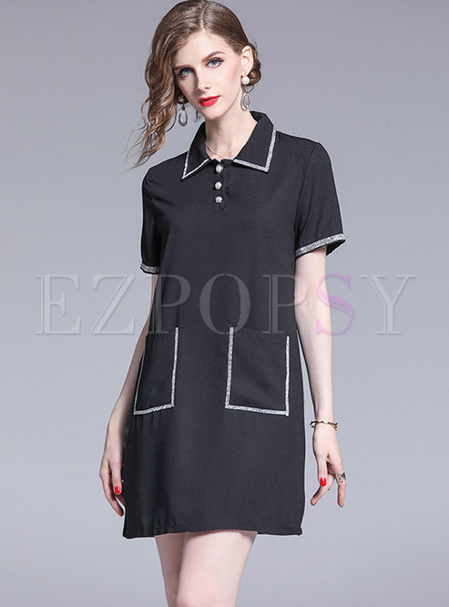 Brief Turn-down Collar Embroidered Loose Shift Dress