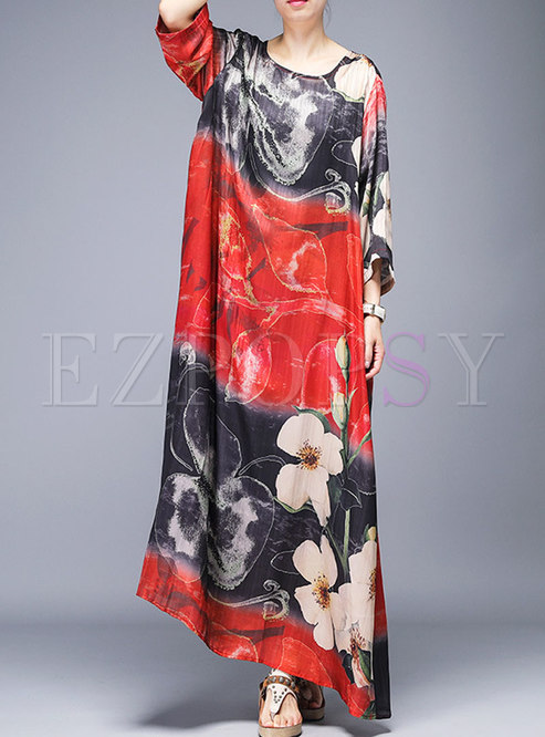 Casual O-neck Multi-color Print Loose Maxi Dress