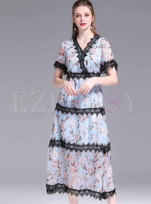 Lace Splicing Print V-neck High Waist Slim Dress