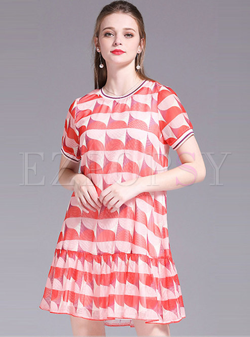 Geometric Print O-neck Shift Mini Dress