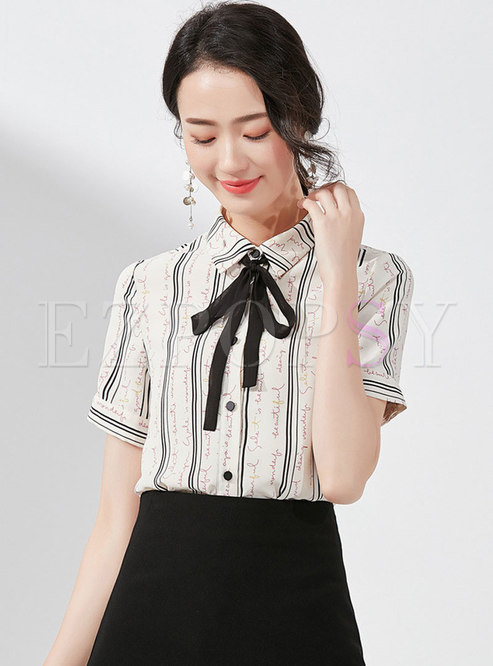Brief Striped Bowknot Letter Pattern Daily Blouse 
