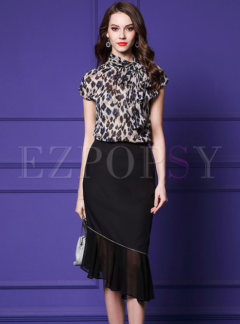 Elegant Leopard Top & Black Irregular Sheath Skirt
