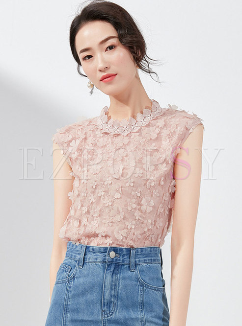 Cute Stand Collar Stereoscopic Flower Pullover Top