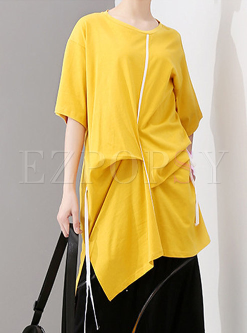 Chic O-neck Hem Pure Color Loose Casual T-shirt