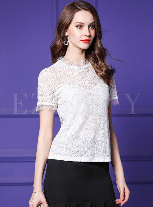 Stylish Hollow Out Lace See-though T-shirt
