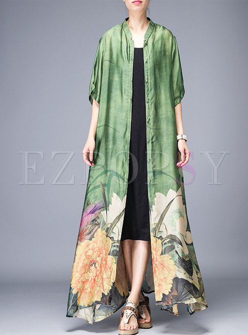 Vintage Print Stand Collar Single-breasted Long Coat