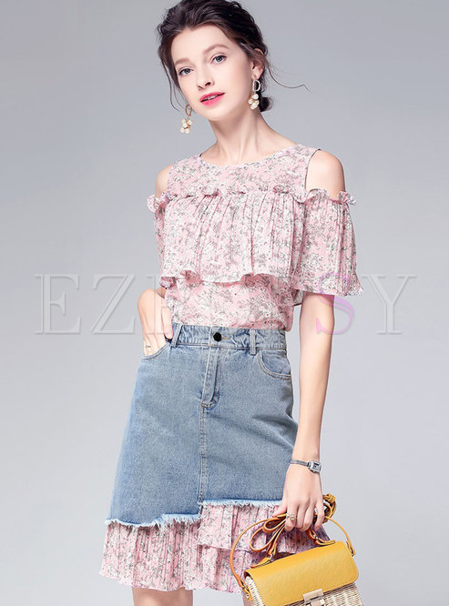 Cute Pink Print Top & Pleated Splicing Denim Skirt