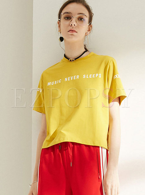 Brief O-neck Pullover Letter Print T-shirt