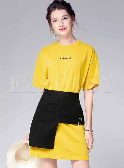 Letter Print O-neck T-shirt Dress & Asymmetric Skirt
