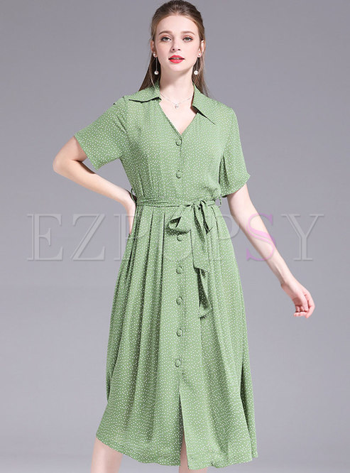 Fashion V-neck Green Dots Pattern Tied Chiffon Dress