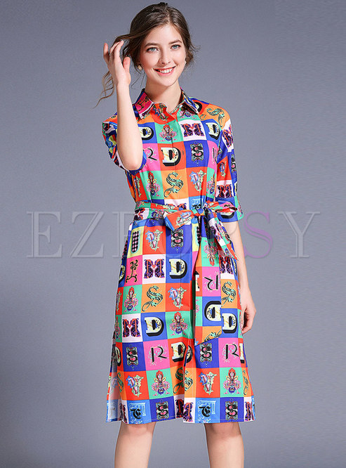 Multi-color Lapel Single-breasted Tied T-shirt Dress