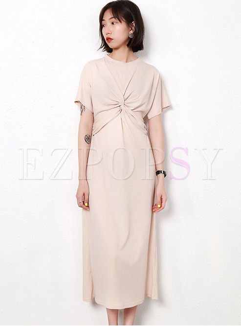 Brief Solid Color Cross Pleated Hollow Out Dress
