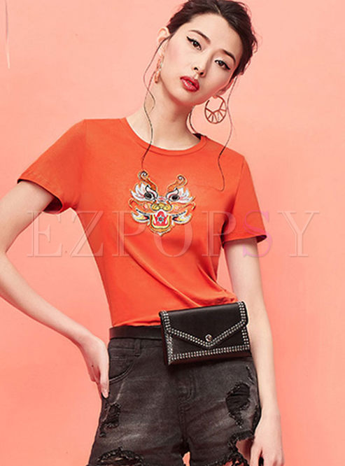 Summer O-neck Embroidered Pullover T-shirt