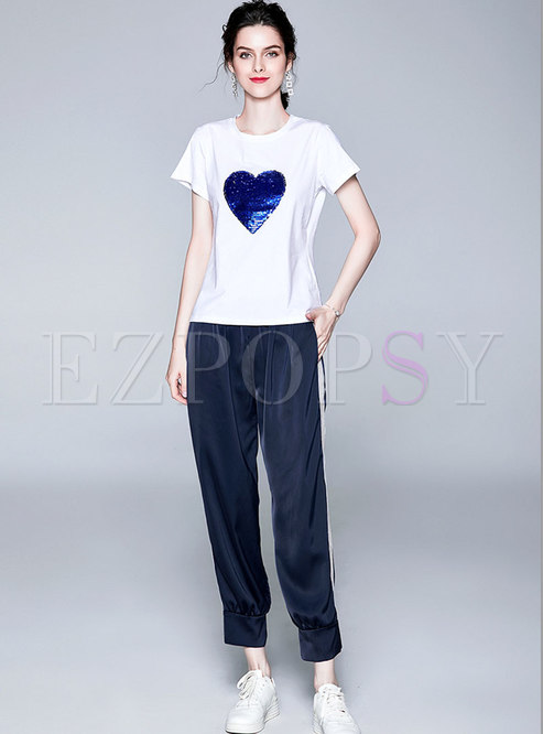 Casual Heart Pattern O-neck T-shirt & Harem Pants