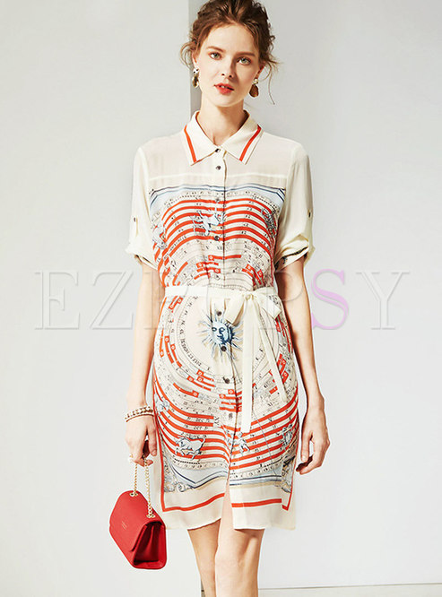 Trendy Abstract Print Single-breasted Silk Skater Dress