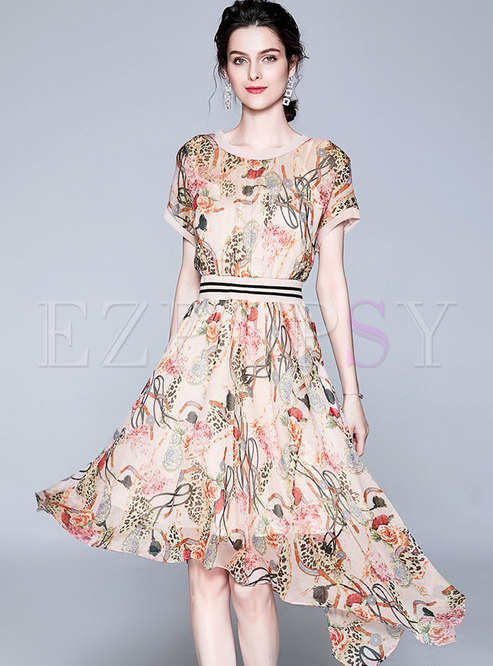 Dresses | Skater Dresses | Print O-neck Gathered Waist Asymmetric Hem Dress