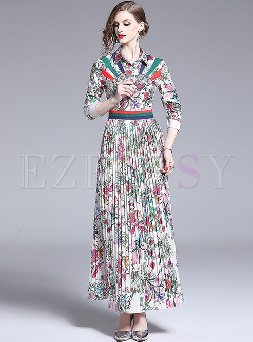 Long Sleeve Floral Pleated Party Maxi Dress