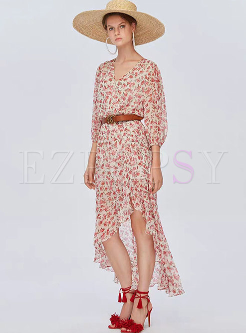 Dresses | Maxi Dresses | Fashion Asymmetric Floral Print Gathered Waist ...